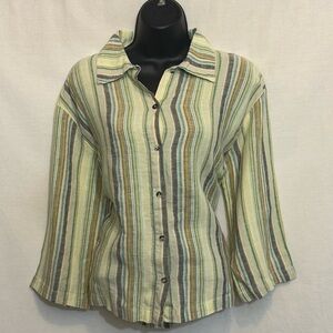 G-93 Aegean Vintage Green Stripe 100% Linen 1/2 Sleeve Blouse Size S